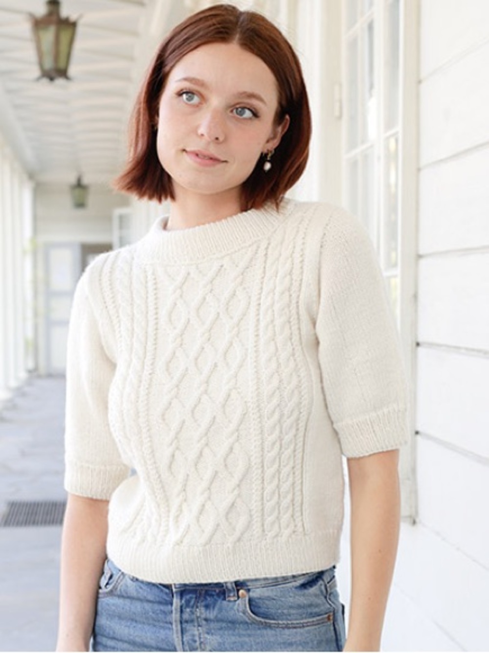 Free Assembly White Cable Knit Sweater With Short Puff Sleeves